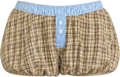 tan check bubble hem shorts with blue stripe t shorts